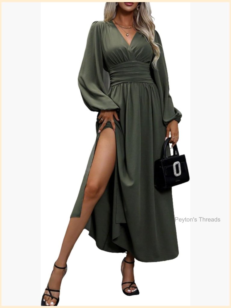 Women's Deep V Neck Long Sleeve Split Maxi Dress Cocktail Formal